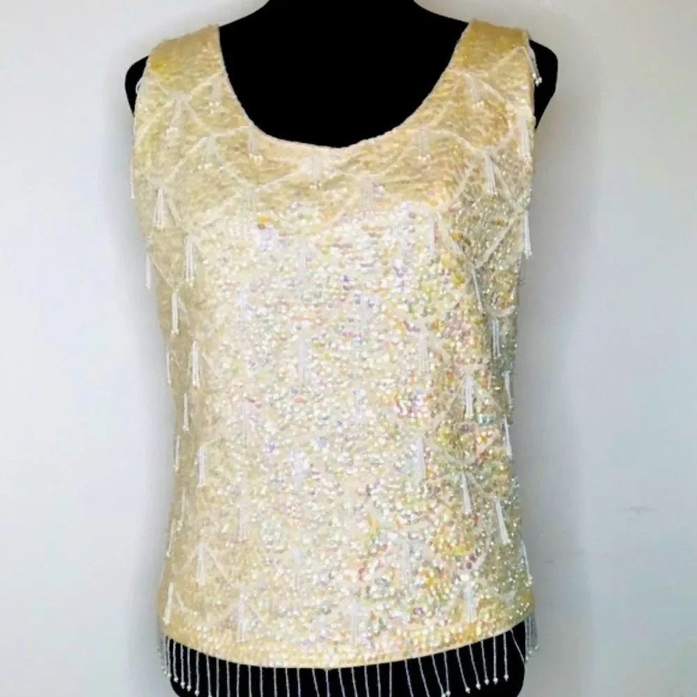 ✨ Cream Beaded & Sequin Sleeveless Top | Vintage Style | Special Occasion